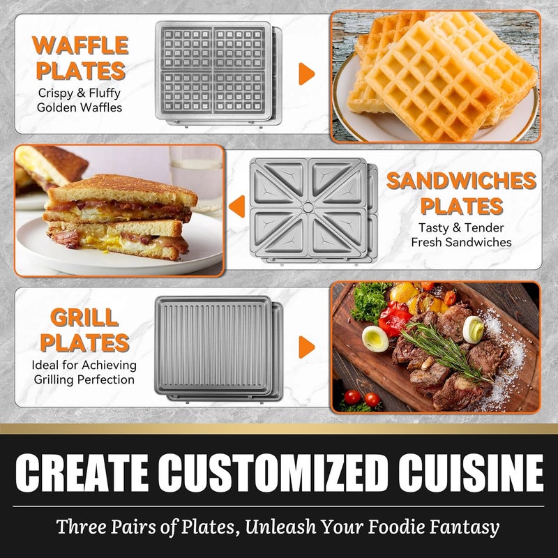 FineMade Panini Grill Press Breakfast Sandwich Maker 3 in 1, Electric Griddle Panini Press, Grilled Cheese Maker, Sandwichera Electrica, Belgian Waffle Maker with Removable Plates - Image 4